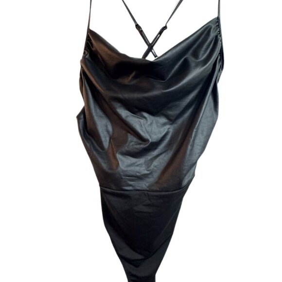 SHEIN Faux Leather Ruched Bodysuit Size XL | Black Stretch Night Out Top - Picture 2 of 4